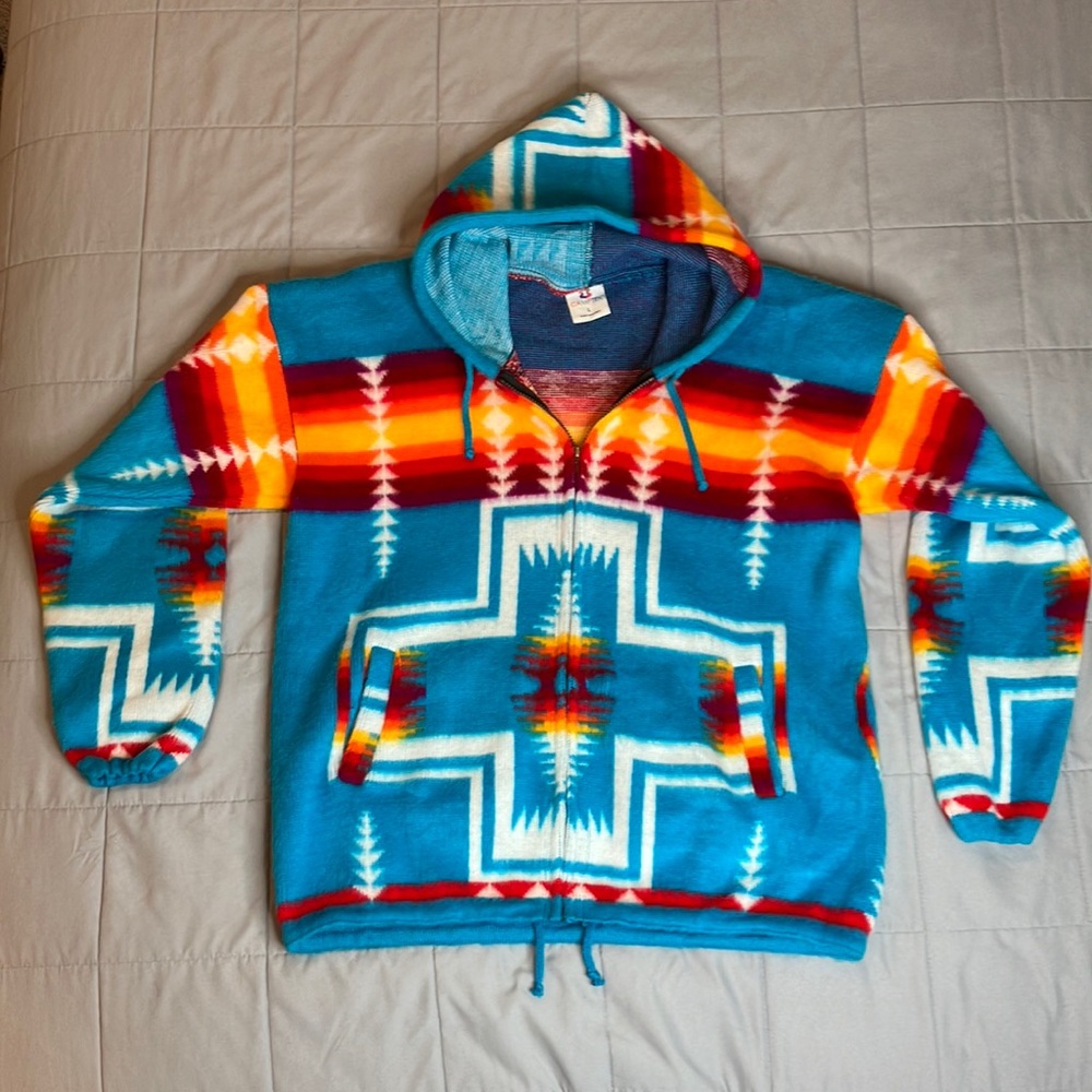 Camptex Wool Zip Up Hoodie Sweater Large Bright Aztec